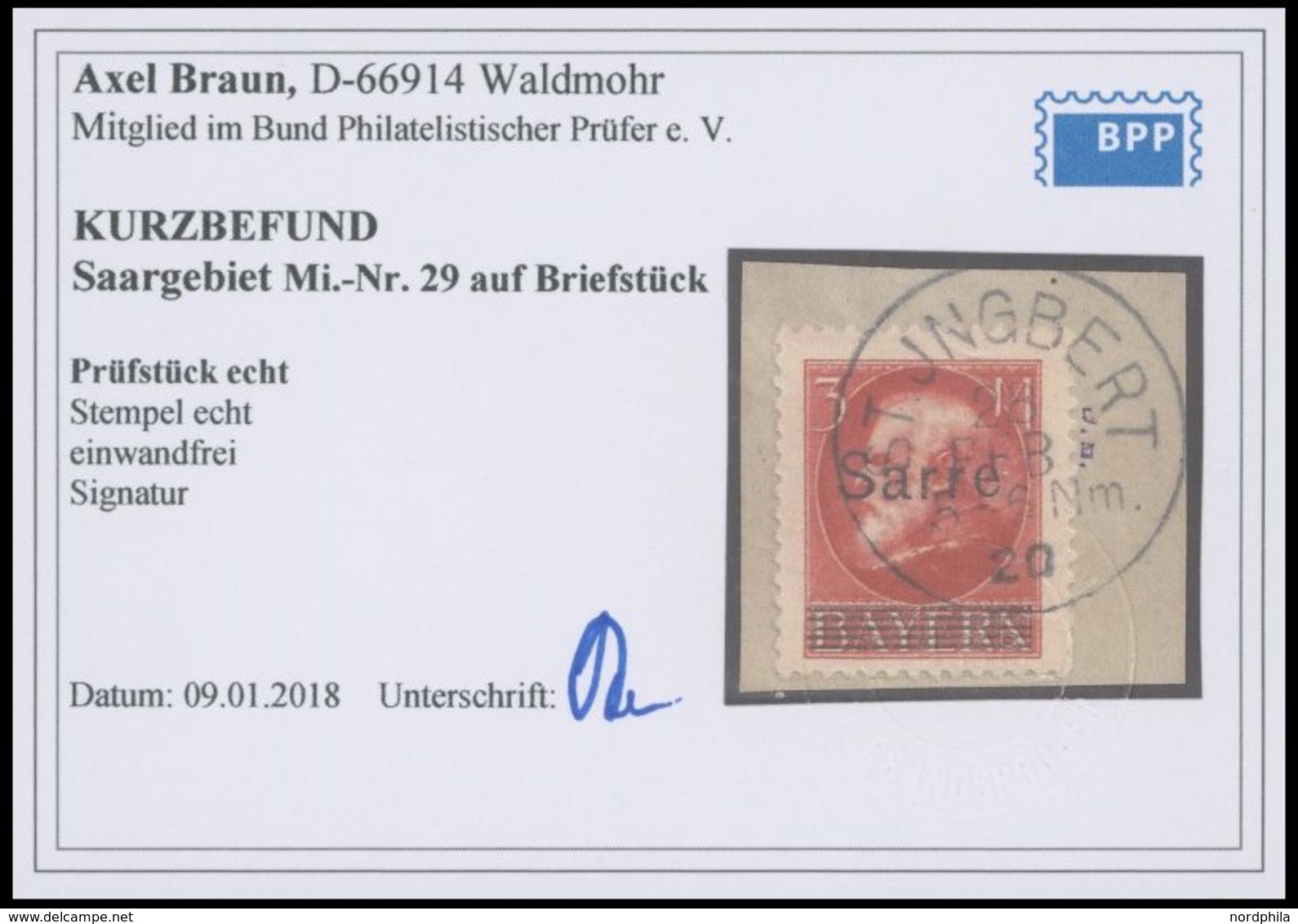 SAARGEBIET 29 BrfStk, 1920, 3 M. Bayern-Sarre, Stempel ST. INGBERT, Prachtbriefstück, Kurzbefund Braun, Mi. (200.-) - Other & Unclassified