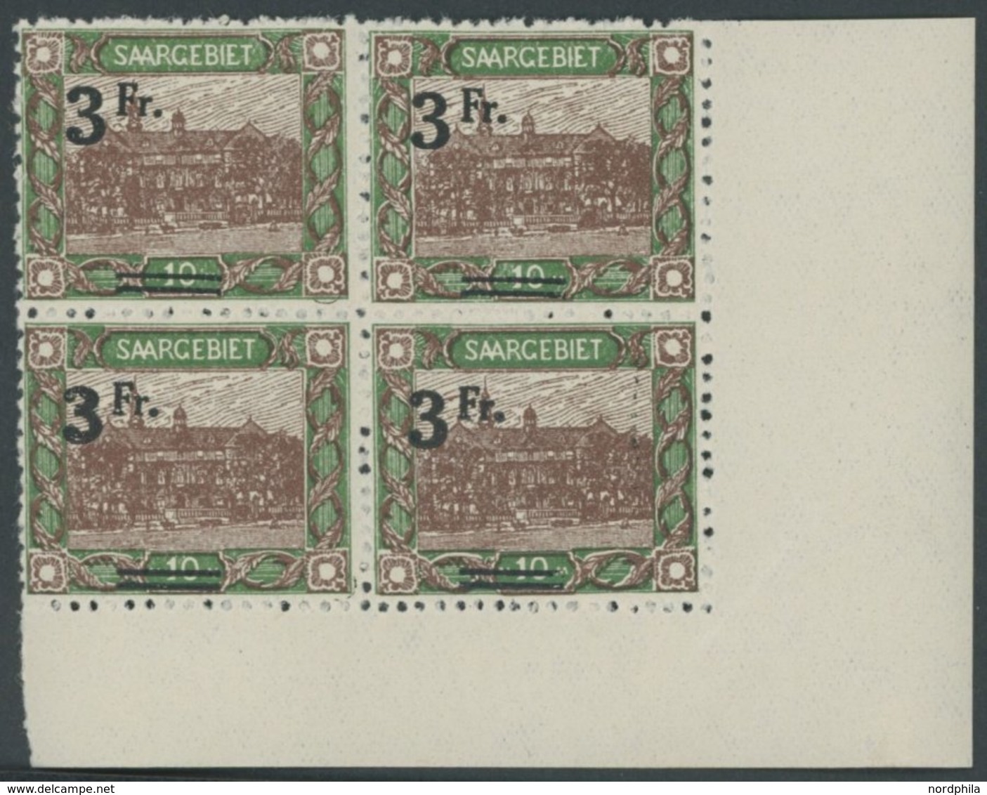 SAARGEBIET 82 VB **, 1921, 3 Fr. Auf 10 M. Landratsamt Im Rechten Unteren Eckrandviererblock, Postfrisch, Pracht - Sonstige & Ohne Zuordnung