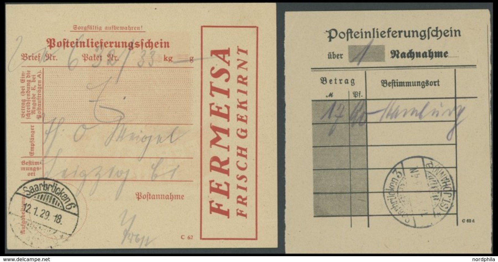 SAARGEBIET 1929, 2 Verschiedene Posteinlieferungsscheine SAARBRÜCKEN 3 Bzw. 6 Für Nachnahme Bzw. Paket, Dieser Rückseiti - Other & Unclassified