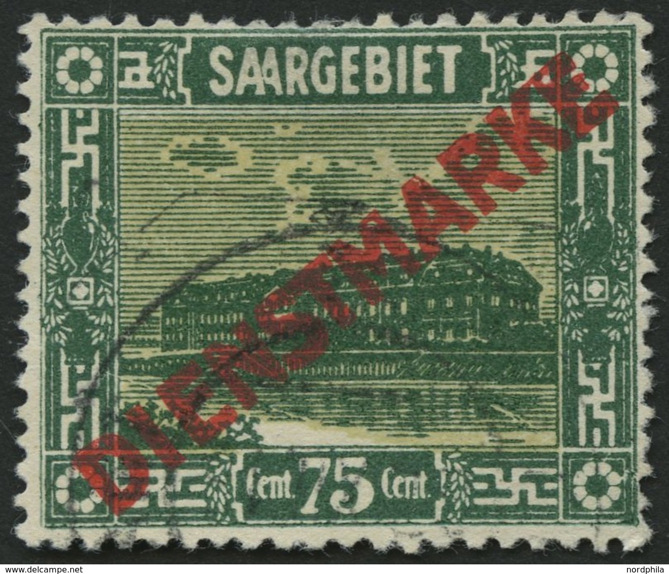 SAARGEBIET D 10PF VII O, 1922, 75 C. Dunkelbläulichgrün/orangeweiß Mit Abart Diagonaler Strich Rechts Im Wasser, Falzdün - Autres & Non Classés