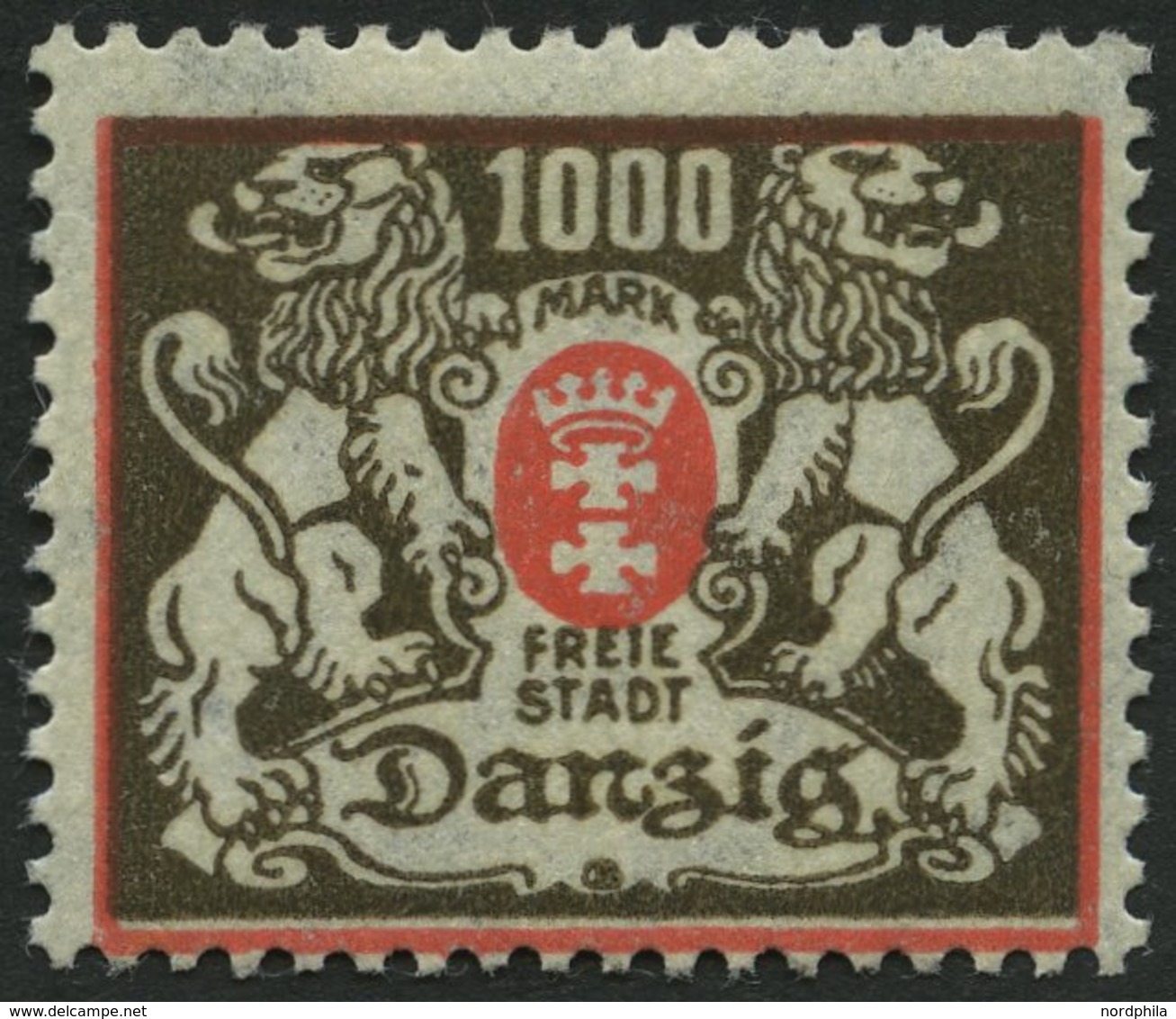 FREIE STADT DANZIG 145X *, 1923, 1000 M. Rot/schwarzbraun, Wz. X, Falzrest, Pracht, Mi. 300.- - Autres & Non Classés
