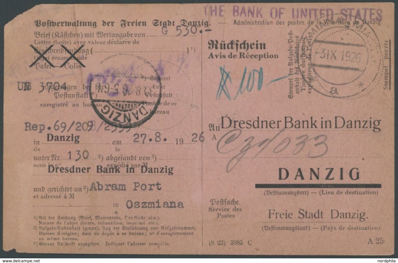 FREIE STADT DANZIG 1926, Geldbrief-Rückschein (geschnitten Auf Briefgröße) Der Postverwaltung Danzig, Zurück Aus Polen M - Otros & Sin Clasificación