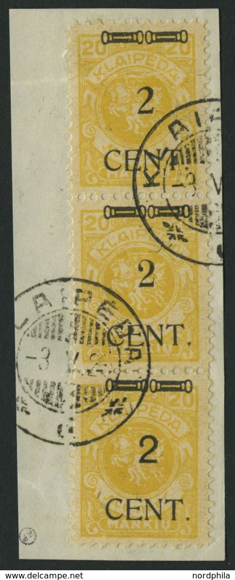 MEMELGEBIET 176 S 2,S 3 BrfStk, 1923, 2 C. Auf 20 M. Dunkelrötlichgelb, Typen II-III-IV Im Senkrechten Dreierstreifen, O - Memel (Klaïpeda) 1923
