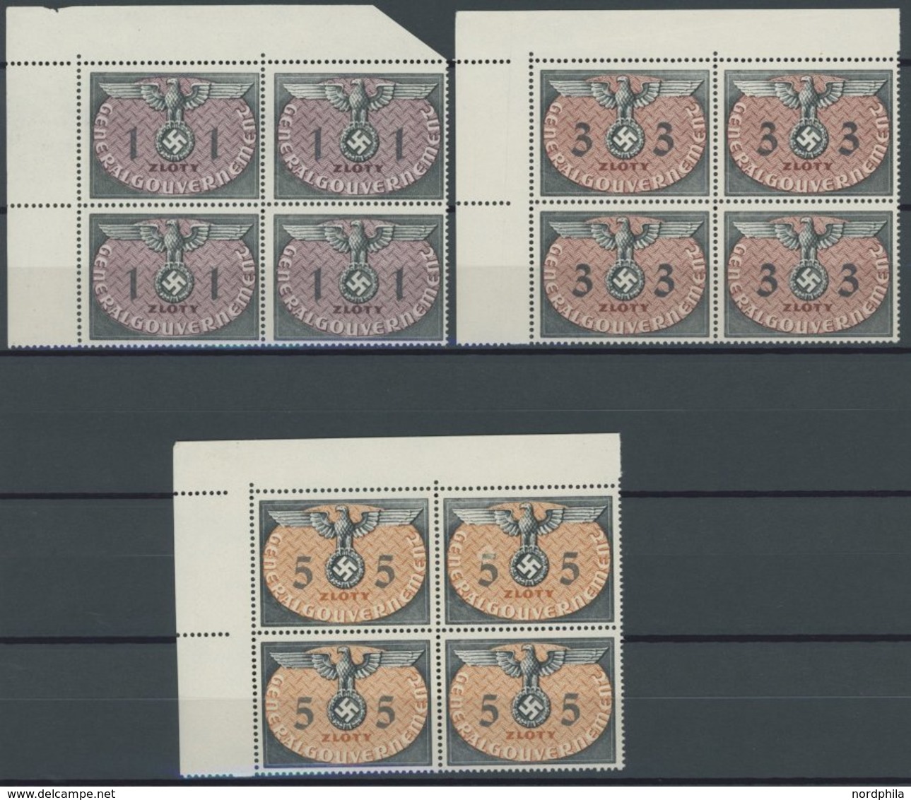 GENERALGOUVERNEMENT D 1-15 VB **, Dienstmarken: 1940, Hoheitszeichen In Linken Oberen Eckrandviererblocks, 1 Zl. Herstel - Occupation 1938-45