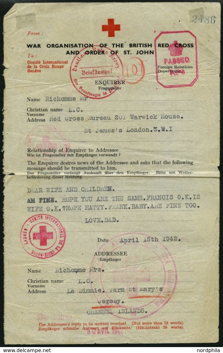 JERSEY 1942, Rotes Kreuz-Brief Mit Rückseitiger Antwort, Diverse Stempel Und Zensuren, Feinst - Ocupación 1938 – 45