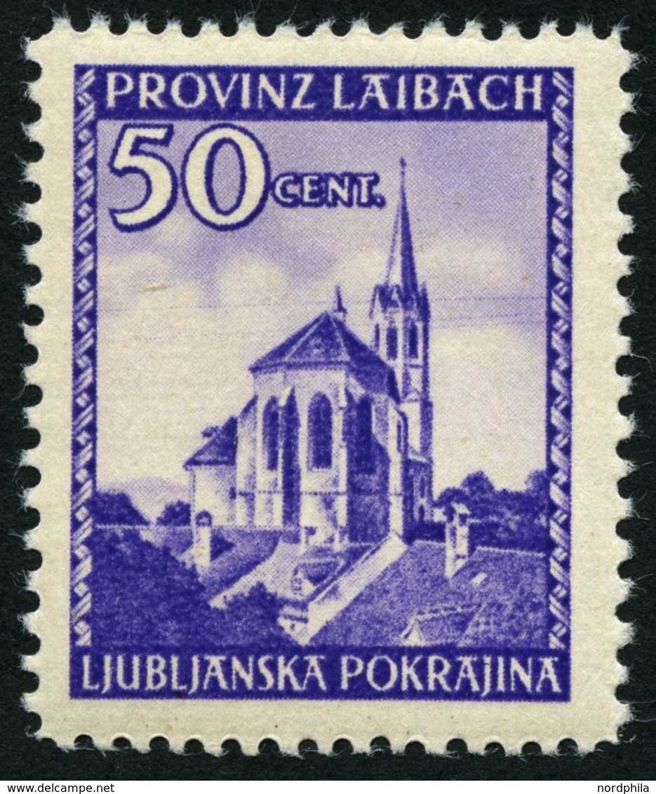 LAIBACH 49I **, 1945, 50 C. Violett Mit Abart 2 Telegraphendrähte In Höhe Des Kirchturms, Pracht, Mi. 140.- - Ocupación 1938 – 45