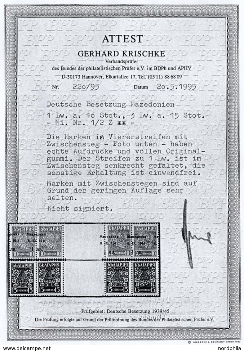 MAKEDONIEN 2ZW **, 1944, 3 Auf 15 St. Hellblau Im Waagerechten Paar Mit Zwischensteg, Pracht, R!, Fotoattestkopie Krisch - Ocupación 1938 – 45