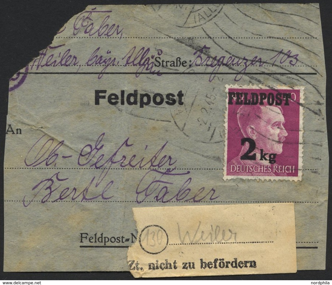FELDPOSTMARKEN 3 BRIEF, 1944, Feldpost 2 Kg Auf Adressträger Eines Feldpostpäckchens Mit Absender- Und Empfängerangaben, - Ocupación 1938 – 45