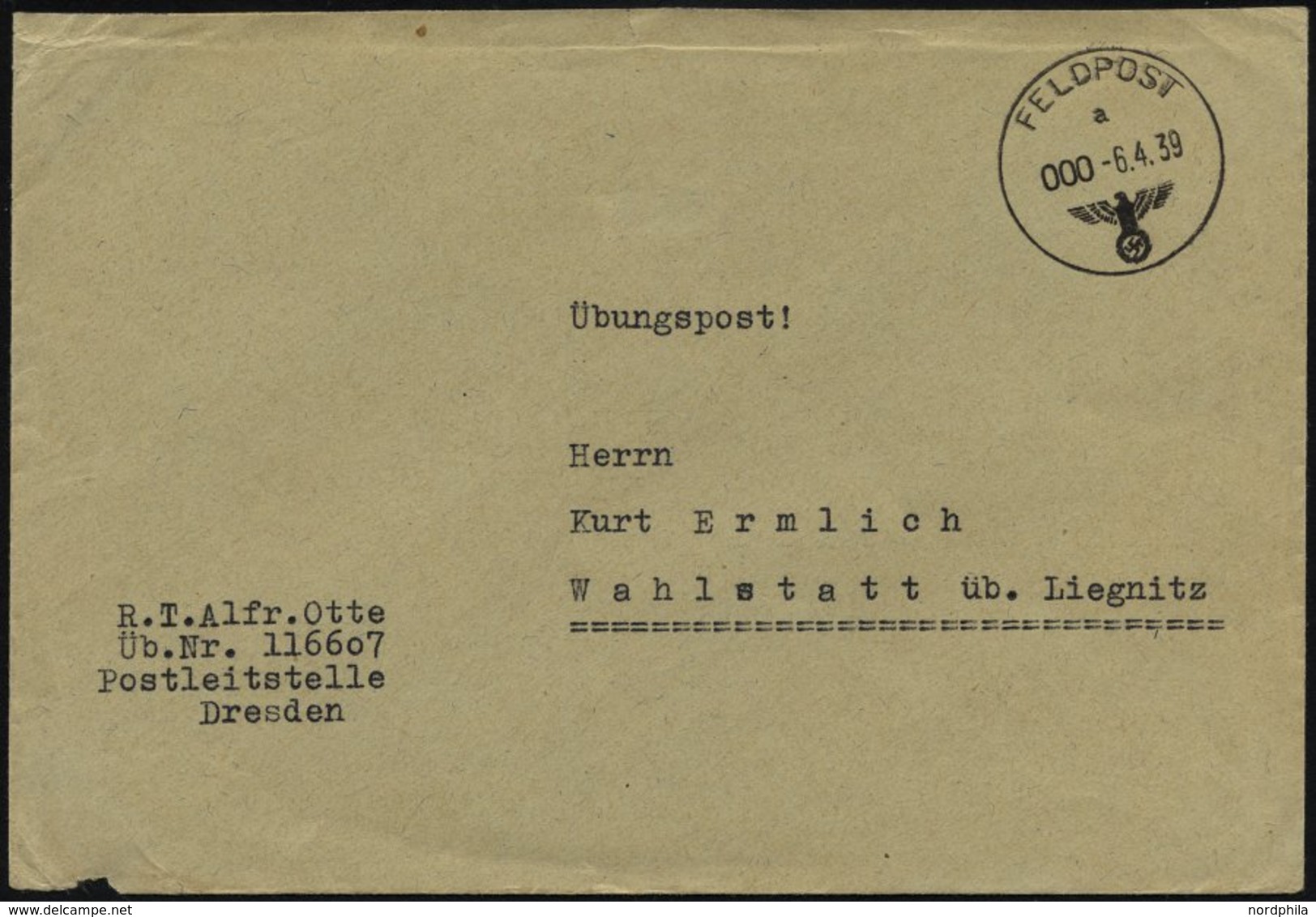 FELDPOST II. WK BELEGE 1939, Feldpostbrief über Die Postleitstelle Dresden Nach Schlesien Als Übungspost Deklariert, Fei - Ocupación 1938 – 45