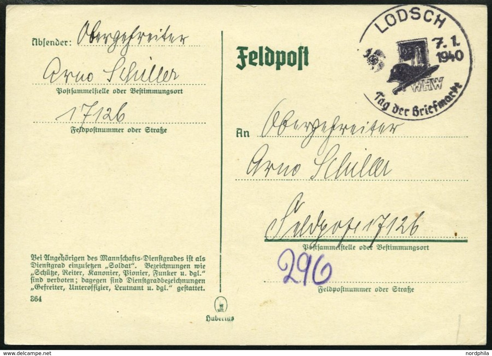 FELDPOST II. WK BELEGE 1940, Feldpost-Postkarte Mit Information über Die Richtige Dienstgradbezeichnung Bei Der Feldpost - Occupation 1938-45