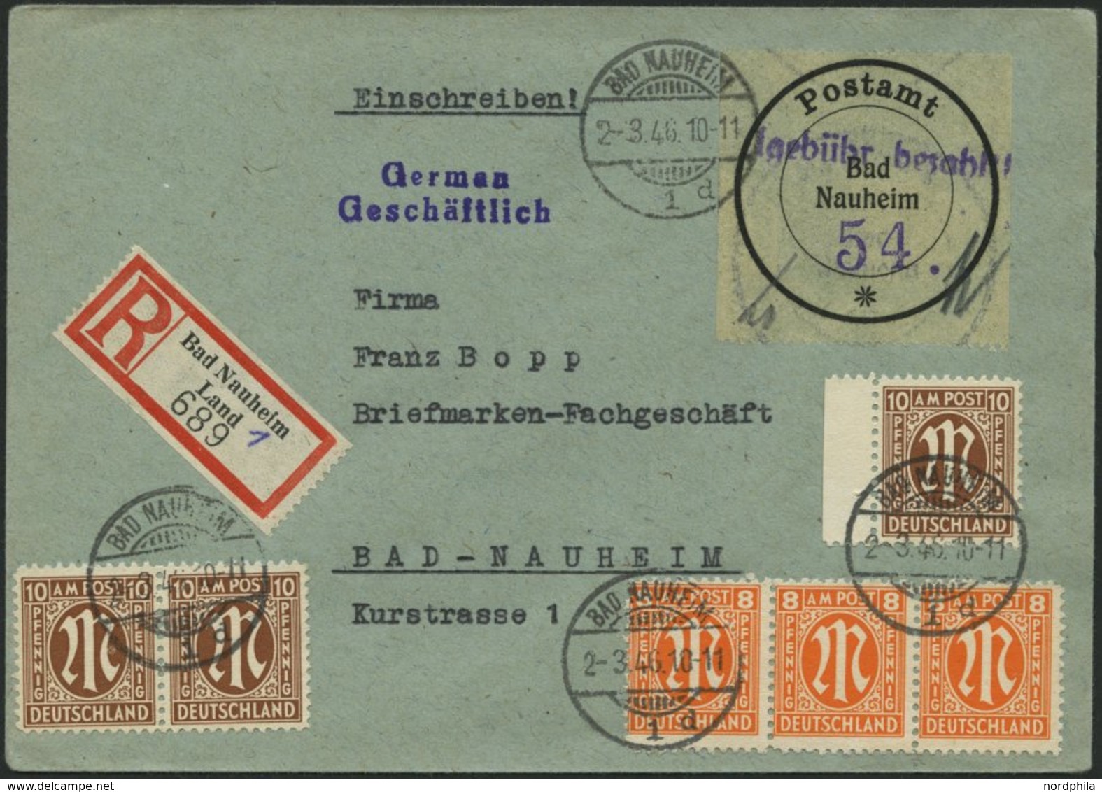 BAD NAUHEIM A 2 BRIEF, 1946, 54 Pf. Schwarz/violett Auf Einschreibbrief Mit 54 Pf. AM-Post, Pracht, Mi. (650.-) - Postes Privées & Locales