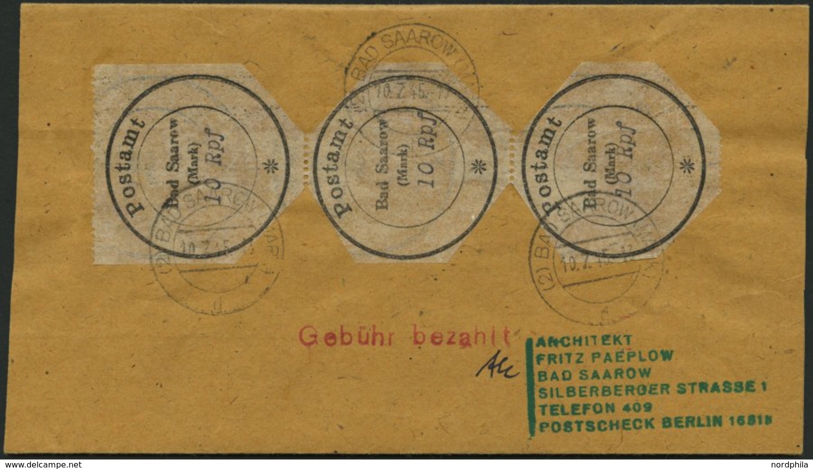 BAD SAAROW 1I Paar BRIEF, 1945, 10 Pf. Postverschlusszettel Im Senkrechten Paar Auf Streifband An F. Paeplow, Mit Rotem  - Correos Privados & Locales