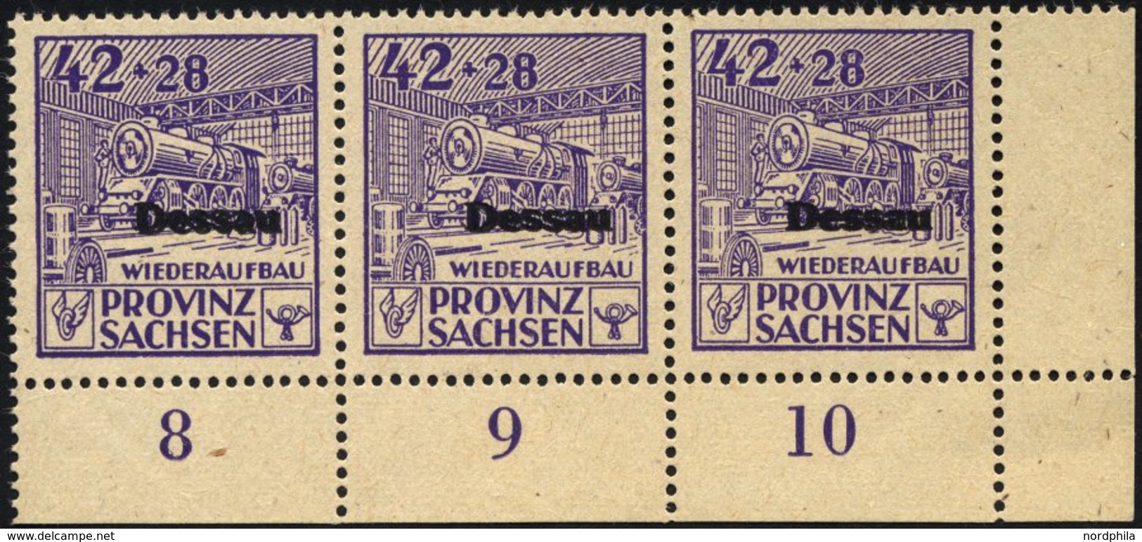 DESSAU IIIADD **, 1946, 42 Pf. Wiederaufbau, Gezähnt, Mit Doppeltem Aufdruck Im Dreierstreifen Aus Der Unteren Rechten B - Correos Privados & Locales