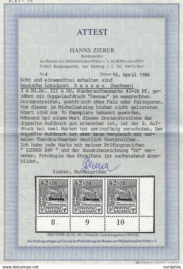 DESSAU IIIADD **, 1946, 42 Pf. Wiederaufbau, Gezähnt, Mit Doppeltem Aufdruck Im Dreierstreifen Aus Der Unteren Rechten B - Correos Privados & Locales