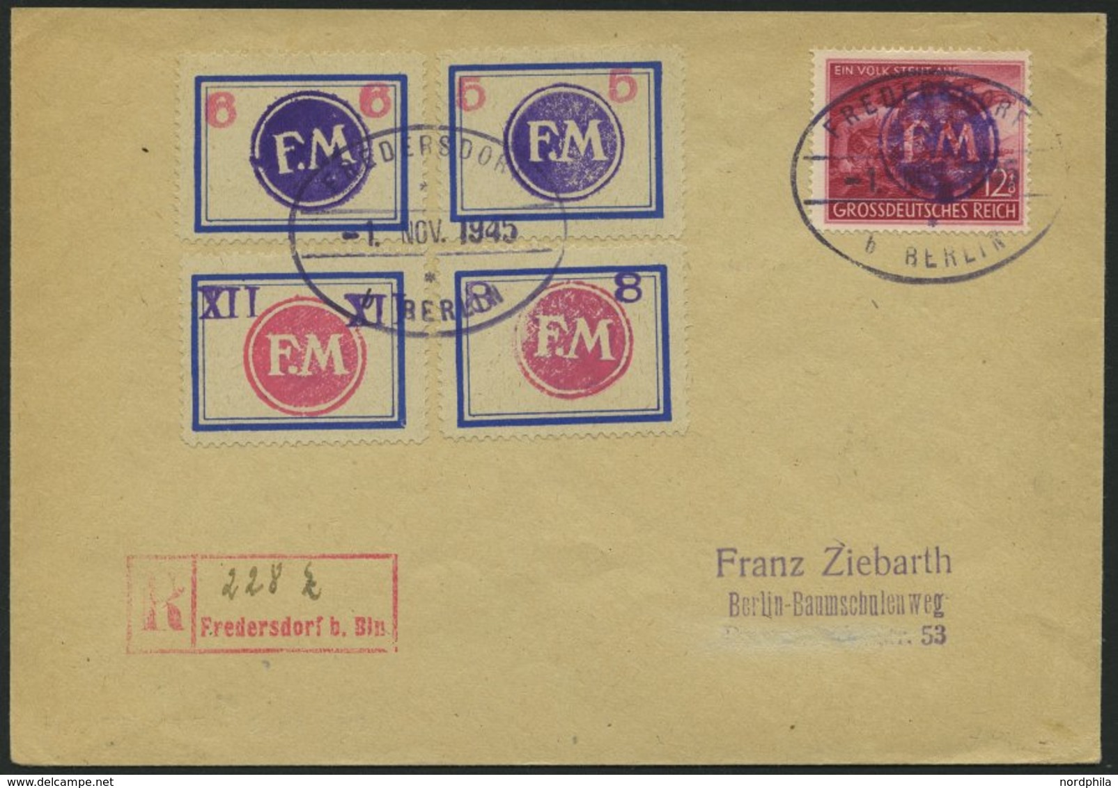 FREDERSDORF 26 BRIEF, 1945, 12 Pf. Volkssturm Mit 5 - XII Pf., Rahmengröße 31x23 Mm, Große Wertziffer, XII Pf. Mit Abart - Private & Local Mails