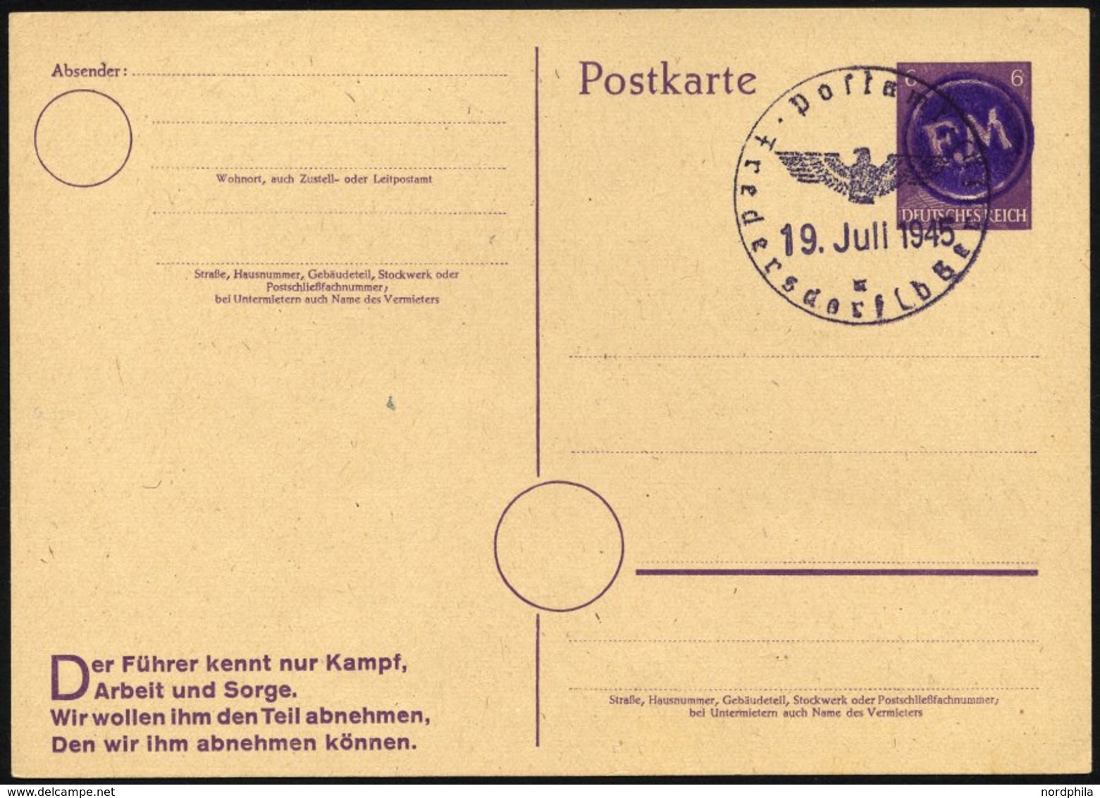 FREDERSDORF DR P 314I BRIEF, 1945, Ganzsachenkarte 6 Pf. Hitler Mit Propagandazudruck, Blanko Gestempelt Mit Aptiertem D - Correos Privados & Locales