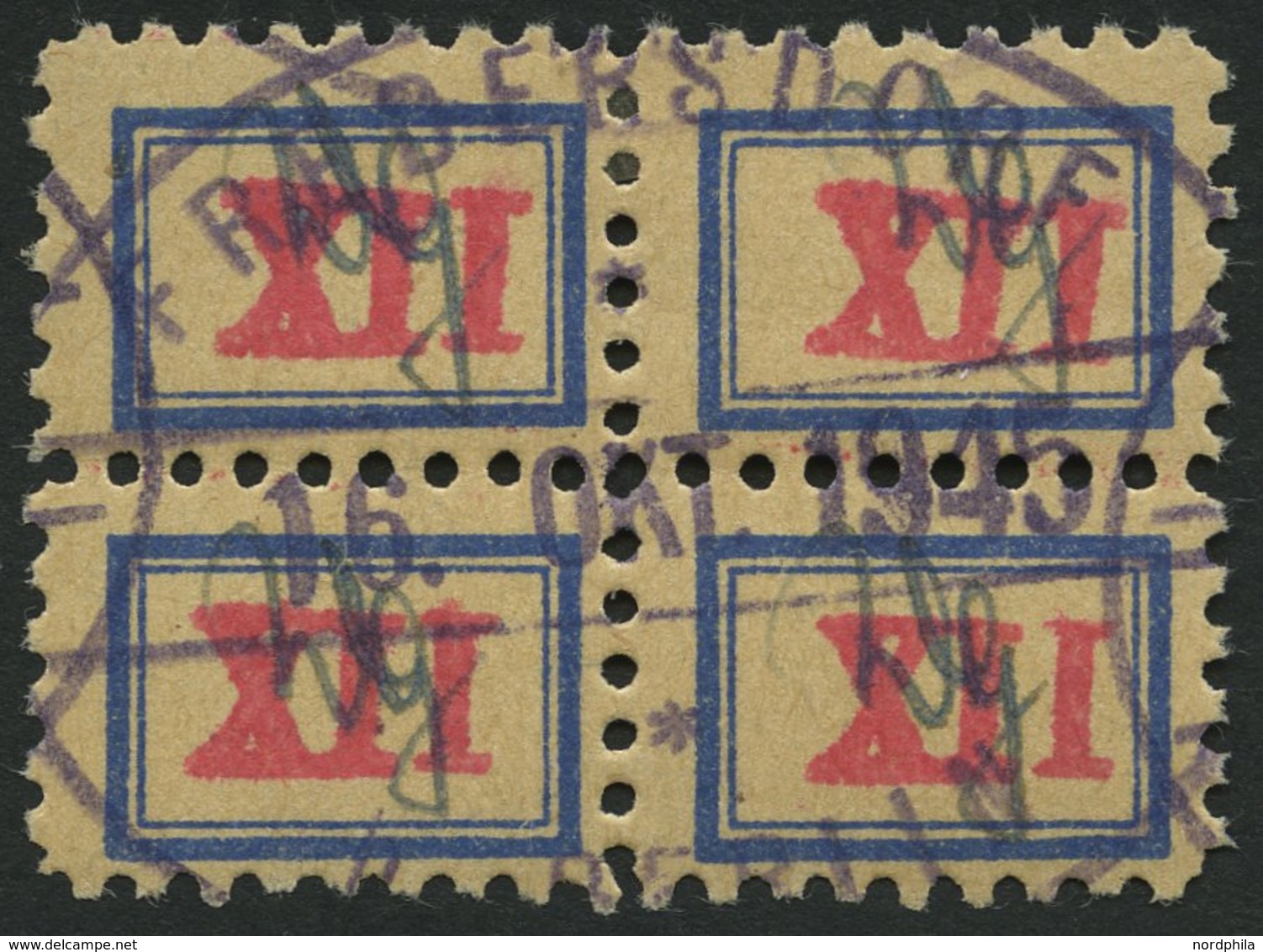 FREDERSDORF Sp 109b VB O, 1945, XII Pf., Rahmengröße 14x9.5 Mm, Wertziffer Mittelrosa, Mit Signum, Im Viererblock, Prach - Correos Privados & Locales