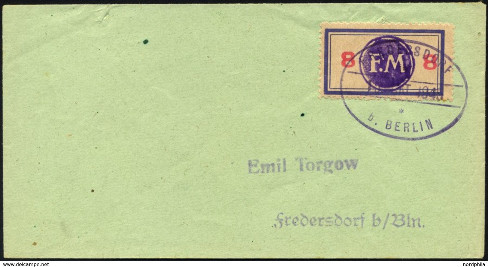 FREDERSDORF Sp 163 BRIEF, 1945, 8 Pf., Rahmengröße 38x21 Mm, Auf Brief Vom 15. Oktober, Marke Aufklebefalte Sonst Pracht - Correos Privados & Locales