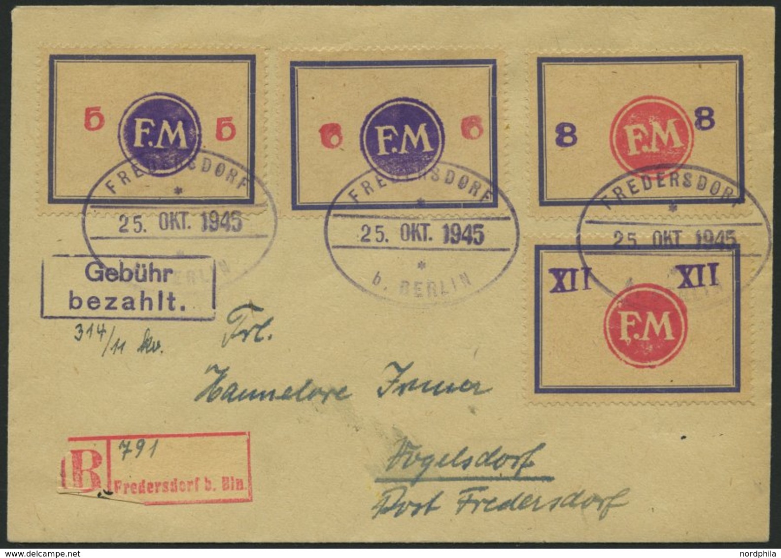 FREDERSDORF Sp BRIEF, 1945, 5 - XII Pf., Rahmengröße 43x31.5 Mm, Große Wertziffern, 5 - 8 Pf. Mit Abart Wertziffern Seit - Private & Local Mails