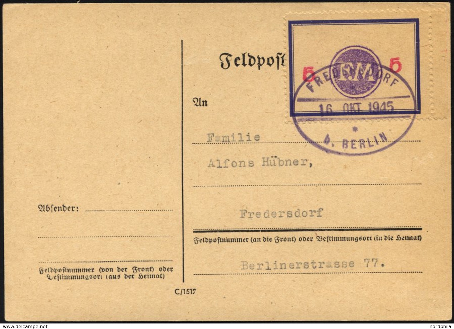 FREDERSDORF Sp 170F BRIEF, 1945, 5 Pf., Rahmengröße 43x31.5 Mm, Große Wertziffern, Mit Abart Wertziffern Seitlich, Auf P - Private & Local Mails