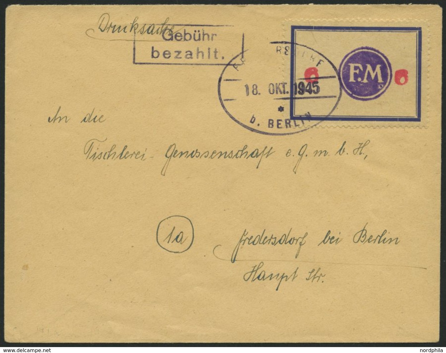 FREDERSDORF Sp 171FI BRIEF, 1945, 6 Pf., Rahmengröße 43x31.5 Mm, Große Wertziffern, Mit Abart Wertziffern Seitlich Auf D - Private & Local Mails