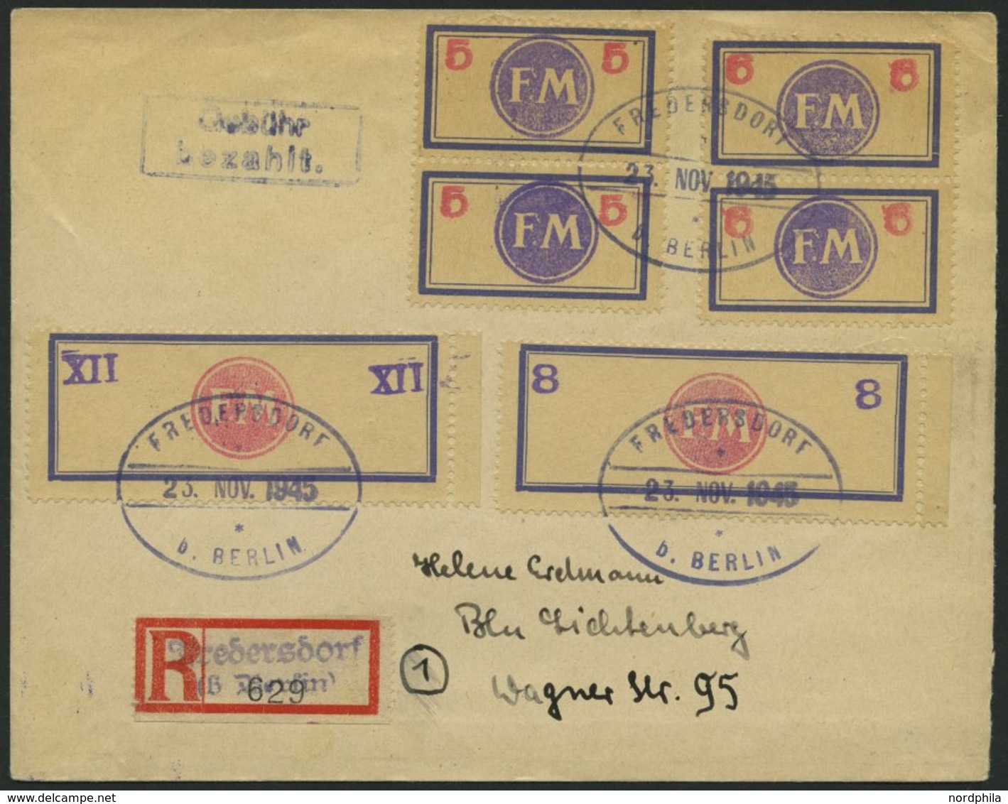 FREDERSDORF Sp 192/3 BRIEF, 1945, 8 Und XII Pf., Rahmengröße 64.5x24 Mm, Wertziffern Seitlich, Mit Sp 161FII Und 162FII  - Private & Local Mails