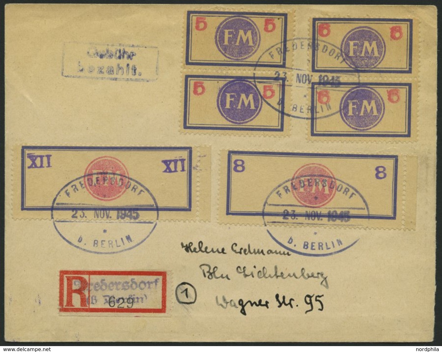 FREDERSDORF Sp 192/3 BRIEF, 1945, 8 Und XII Pf., Rahmengröße 64.5x24 Mm, Wertziffern Seitlich, Mit Sp 161FII Und 162FII  - Postes Privées & Locales