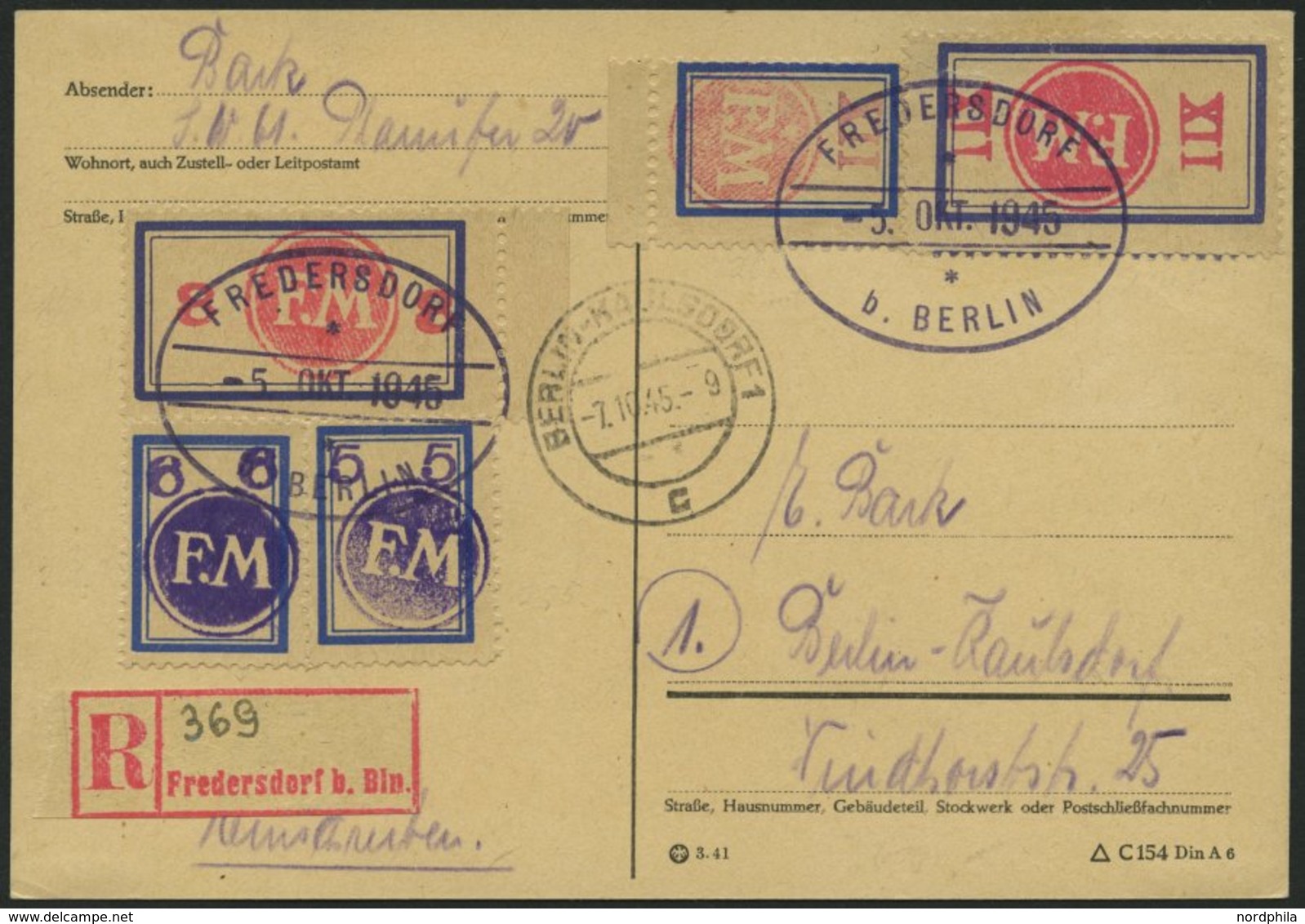 FREDERSDORF Sp 205/6,08 BRIEF, 1945, 5, 6 Und XII Pf., Rahmengröße 18x25 Mm, Mit Zusatzfrankatur Sp 163FI Und 164F Auf E - Postes Privées & Locales