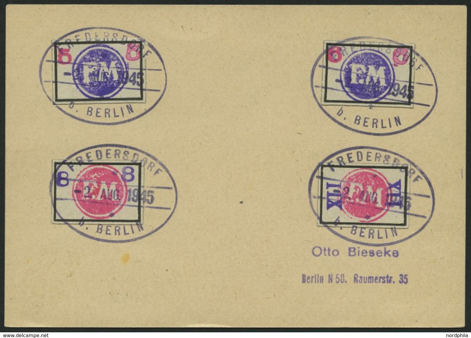 FREDERSDORF Sp 226-29 BRIEF, 1945, 5 - XII Pf., Rahmengröße 28x19 Mm, Große Wertziffern, Auf Karte Mit Stempeln Vom 2. A - Correos Privados & Locales