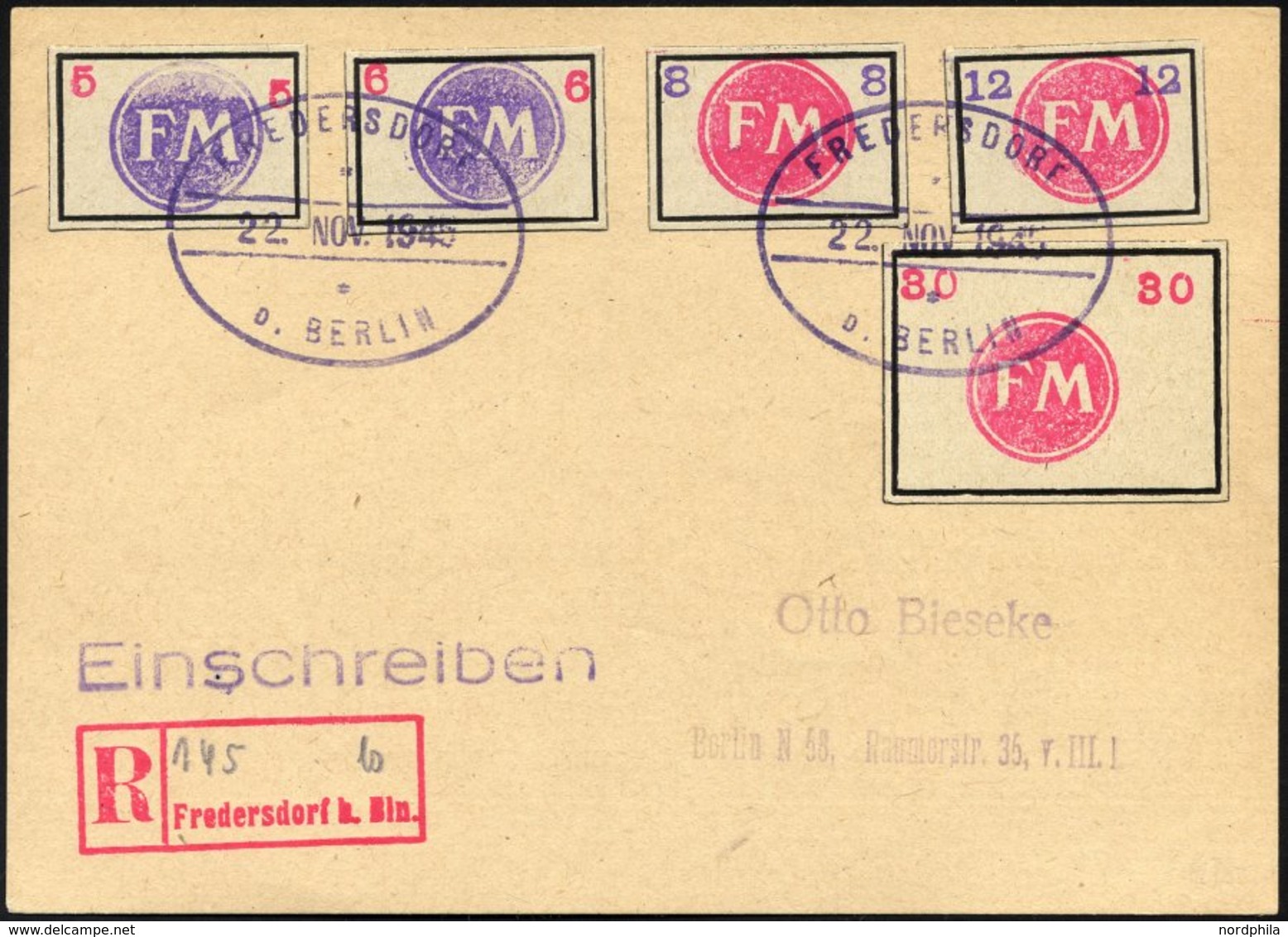 FREDERSDORF Sp231-34,50 BRIEF, 1945, 5 - 12 Pf., Rahmengröße 28x19 Mm Und 30 Pf., Rahmengröße 38x28 Mm, Kleine Wertziffe - Correos Privados & Locales