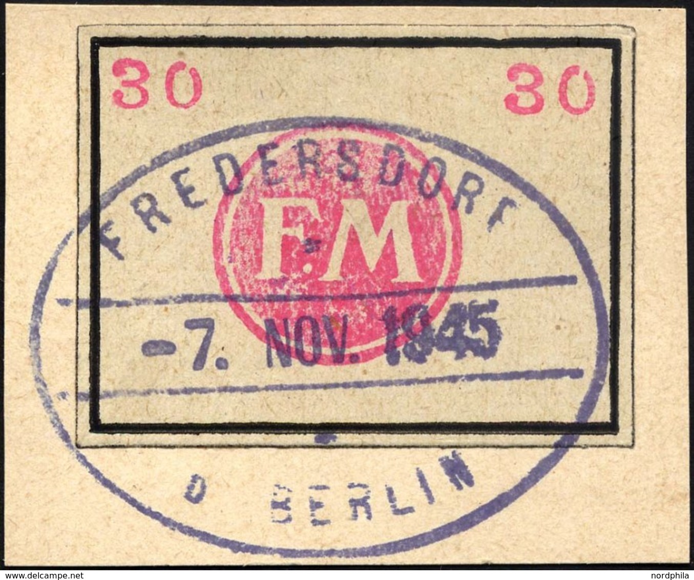 FREDERSDORF Sp 250 BrfStk, 1945, 30 Pf. Rahmengröße 38x28 Mm, Kleine Wertziffern, Mit Stempel Vom 7. November, Prachtbri - Correos Privados & Locales