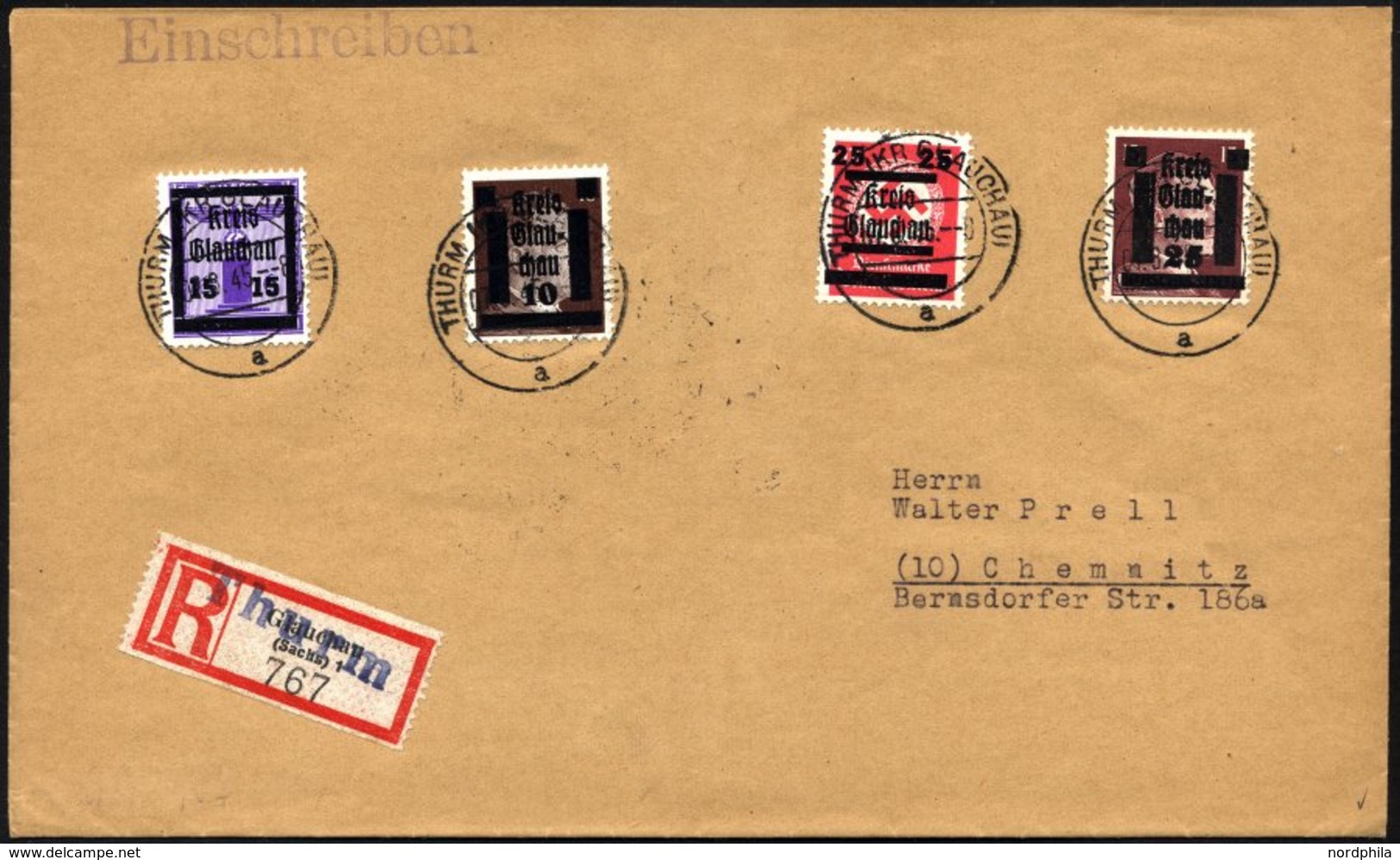 GLAUCHAU 24,37 BRIEF, 1945, 15 Auf 6 Pf. Lebhaftblauviolett Und 25 Auf 12 Pf. Lebhaftrotkarmin Mit Mi.Nr. 2 Und 8 Auf Ei - Postes Privées & Locales