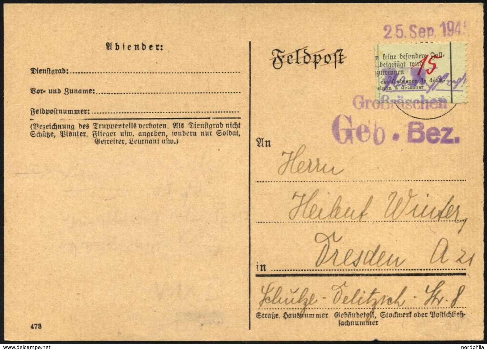 GROSSRÄSCHEN-VORLÄUFER V 11a BRIEF, 1945, 15 Pf. Zollformular, Nur Eine Wertangabe, Auf Philatelistischer Karte, Pracht, - Postes Privées & Locales