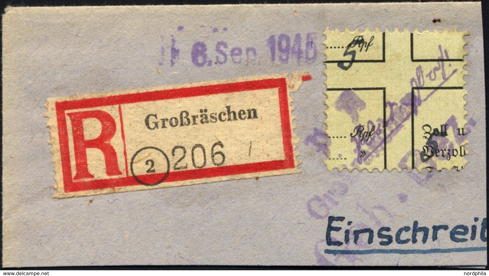 GROSSRÄSCHEN-VORLÄUFER V 20c BrfStk, 1945, 5 Pf. Blau Auf Grün, Zwei Wertangaben, Großes Prachtbriefstück Mit R-Zettel,  - Postes Privées & Locales