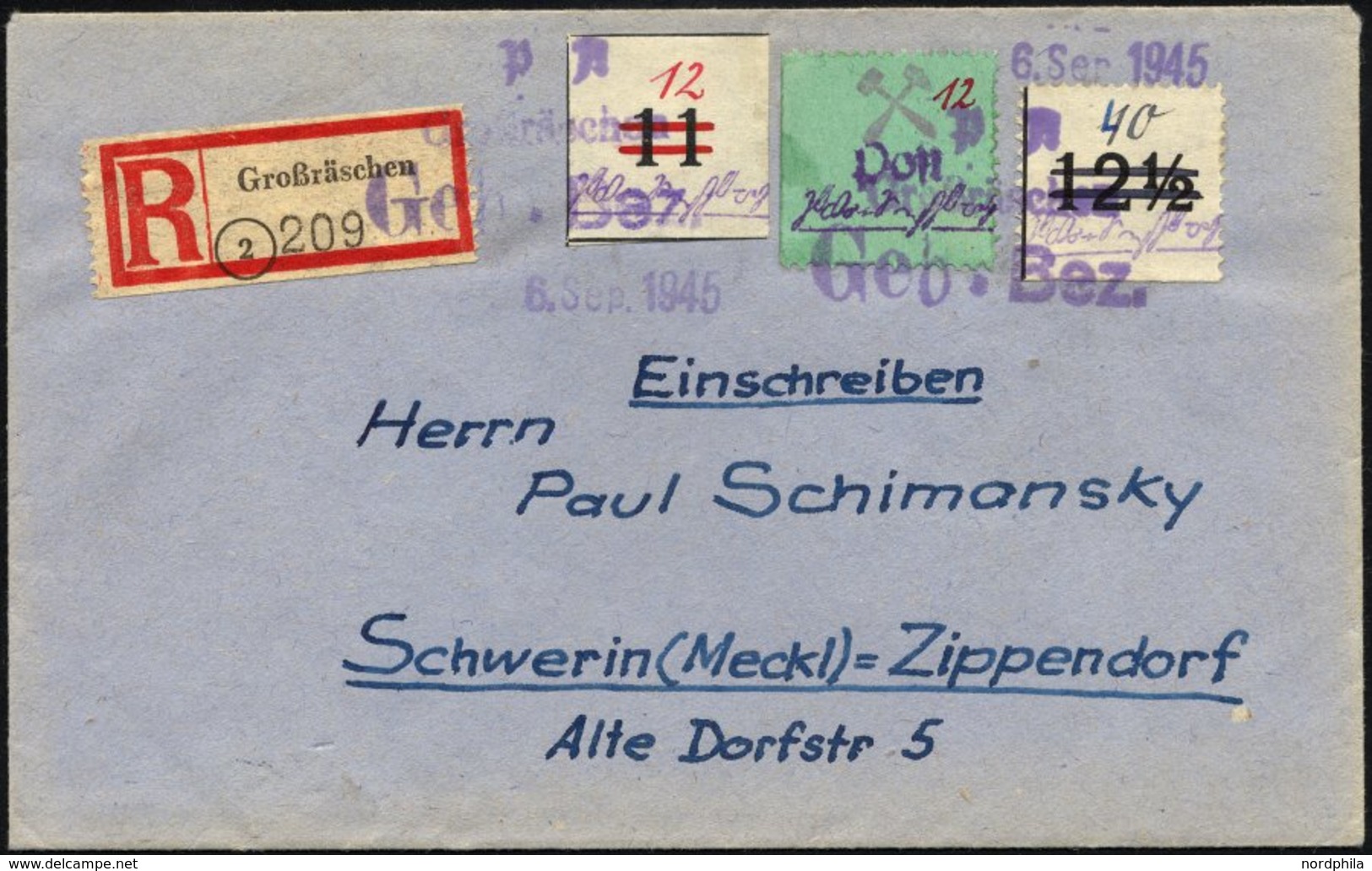 GROSSRÄSCHEN-VORLÄUFER V 26U,V 27 BRIEF, 1945, 12 Pf. Rot, Ungezähnt Und 40 Pf. Schwarz Uhrzeit Mit Zusatzfrankatur Auf  - Correos Privados & Locales