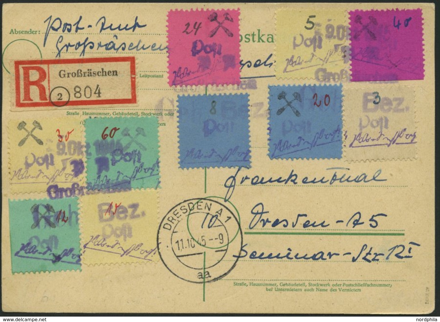 GROSSRÄSCHEN 11b BRIEF, 1945, 40 Pf. Auf Karminlila, Unterrandstück, Mit Zusatzfrankatur Auf überfrankierter Einschreibk - Postes Privées & Locales