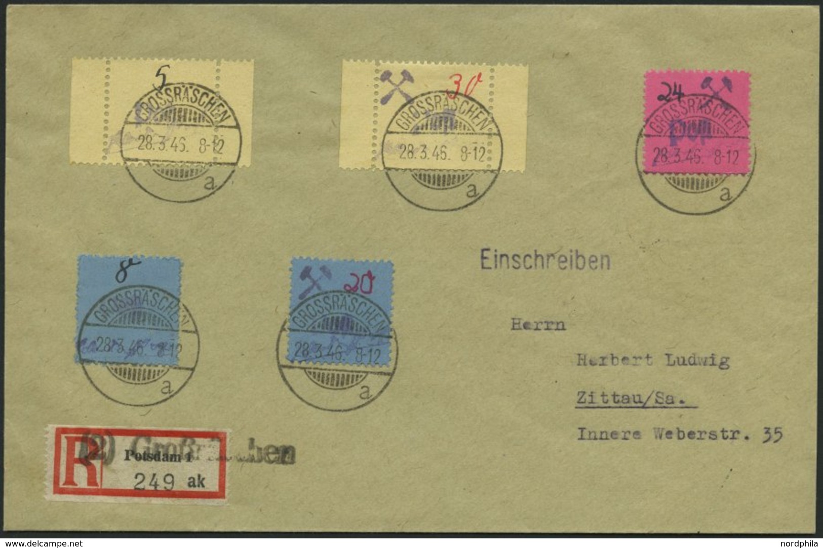 GROSSRÄSCHEN 3S,10S BRIEF, 1946, 5 Und 30 Pf. Gebührenmarken Aus Streifen Mit Zusatzfrankatur Auf Einschreibbrief, Prach - Private & Local Mails