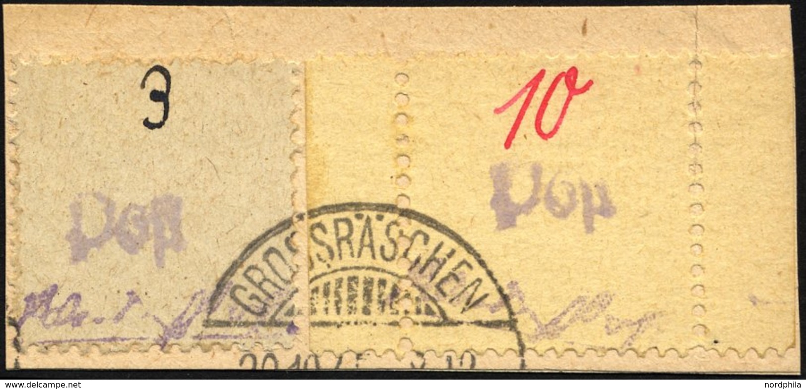 GROSSRÄSCHEN 6S BrfStk, 1945, 10 Pf. Auf Gelb Mit Seitenrändern, Mit 3 Pf. Zusatzfrankatur (Mi.Nr. 1) Auf Briefstück, Pr - Correos Privados & Locales