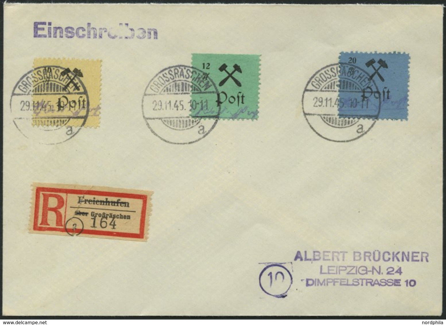 GROSSRÄSCHEN 25III BRIEF, 1945, 12 Pf. Schwarz Auf Grün, Type III, Mit Mi.Nr. 18AI Und 20AI Auf Einschreibbrief, Pracht - Private & Local Mails