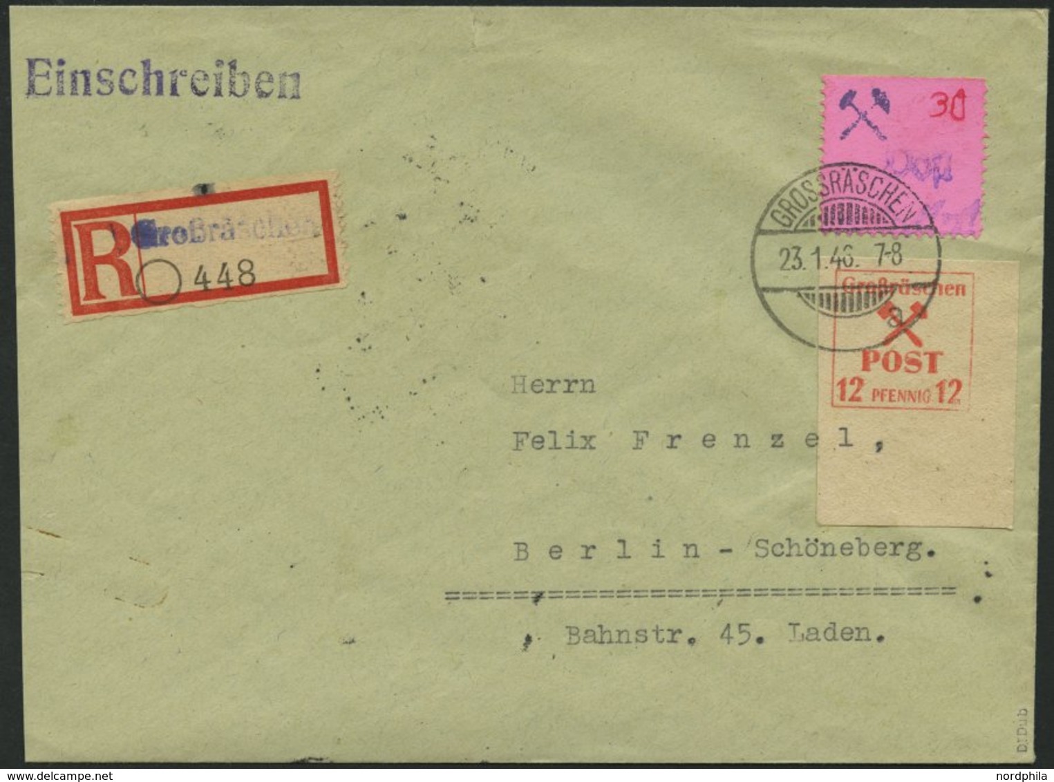 GROSSRÄSCHEN 30F BRIEF, 1946, 30 Pf. Auf Rosa Mit Abart Handstempel Post Blau Und 12 Pf. Zusatzfrankatur Auf Einschreibb - Private & Local Mails