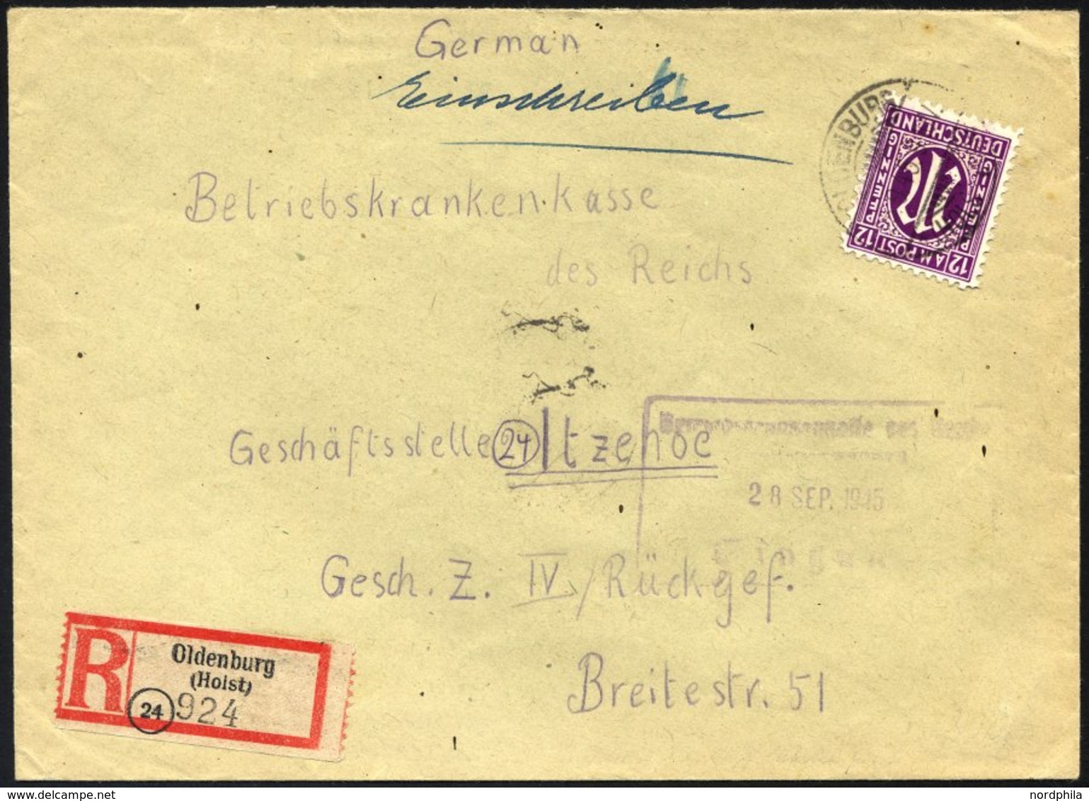 KIEL 1 BRIEF, 5.9.1945, R-Zettel Oldenburg Als 30 Pf.-Marke Verwendet Auf Einschreibbrief Nach Itzehoe, Pracht - Postes Privées & Locales
