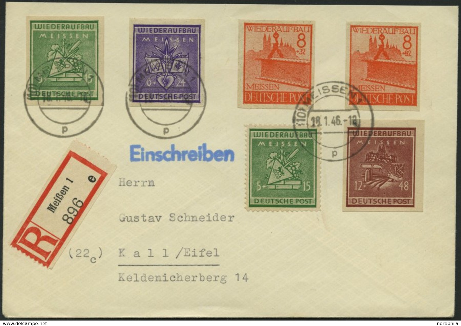 MEISSEN 35-38B,35A,37BI BRIEF, 1946, Wiederaufbau, Ungezähnt, Dazu 8 Pf. Mit Abart Zuschlagswert 82 Statt 32 Und 5 Pf. G - Correos Privados & Locales