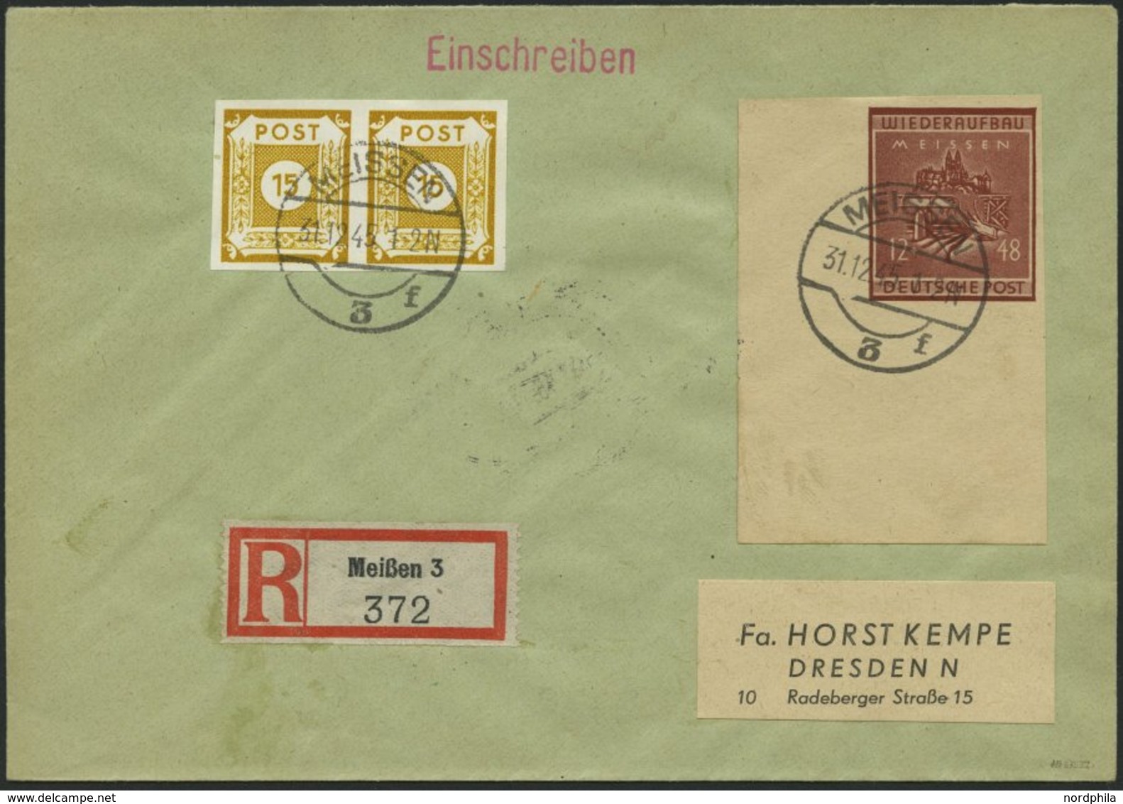 MEISSEN 38aB BRIEF, 1945, 12 Pf. Braunrot Wiederaufbau, Ungezähnt, Große Linke Untere Bogenecke, Mit Zusatzfrankatur Auf - Postes Privées & Locales