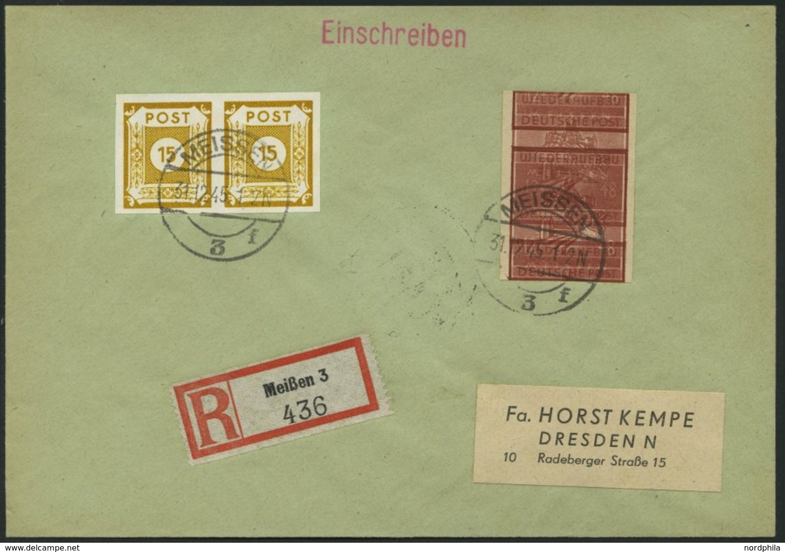 MEISSEN 38aBDD BRIEF, 1945, 12 Pf. Braunrot Wiederaufbau, Ungezähnt, Doppeldruck, Mit Zusatzfrankatur Auf Kempe-Einschre - Postes Privées & Locales