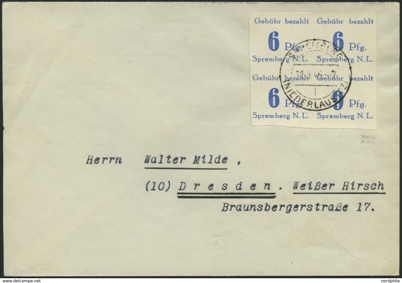 SPREMBERG 10BK BRIEF, 1946, 6 Pf. Violettultramarin, Ungezähnt, Mit Abart Wertziffer 6 Kopfstehend, Im Viererblock Mit N - Private & Local Mails