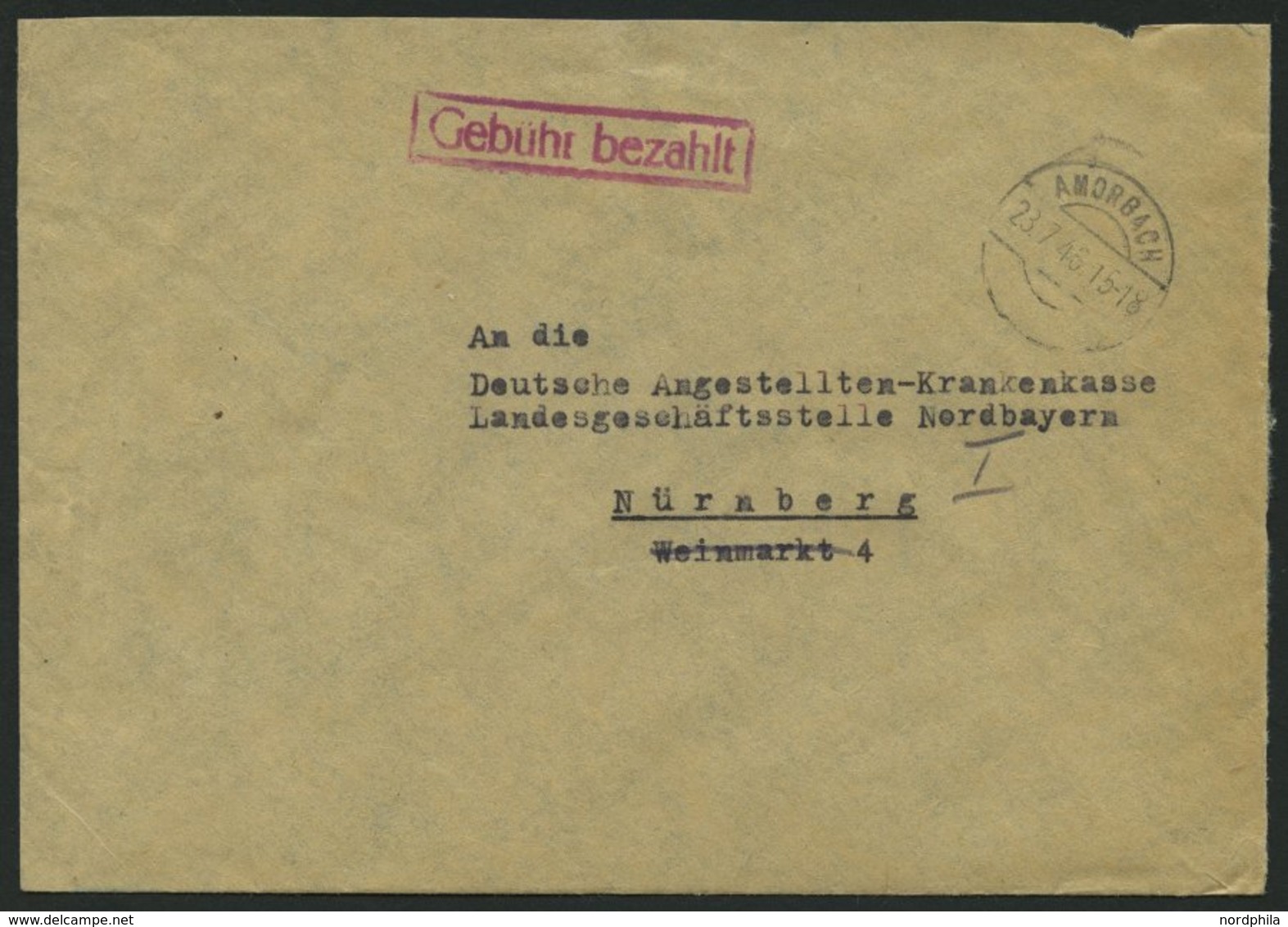 ALL. BES. GEBÜHR BEZAHLT AMORBACH,23.7.45, Violetter R1 Gebühr Bezahlt, Prachtbrief - Otros & Sin Clasificación