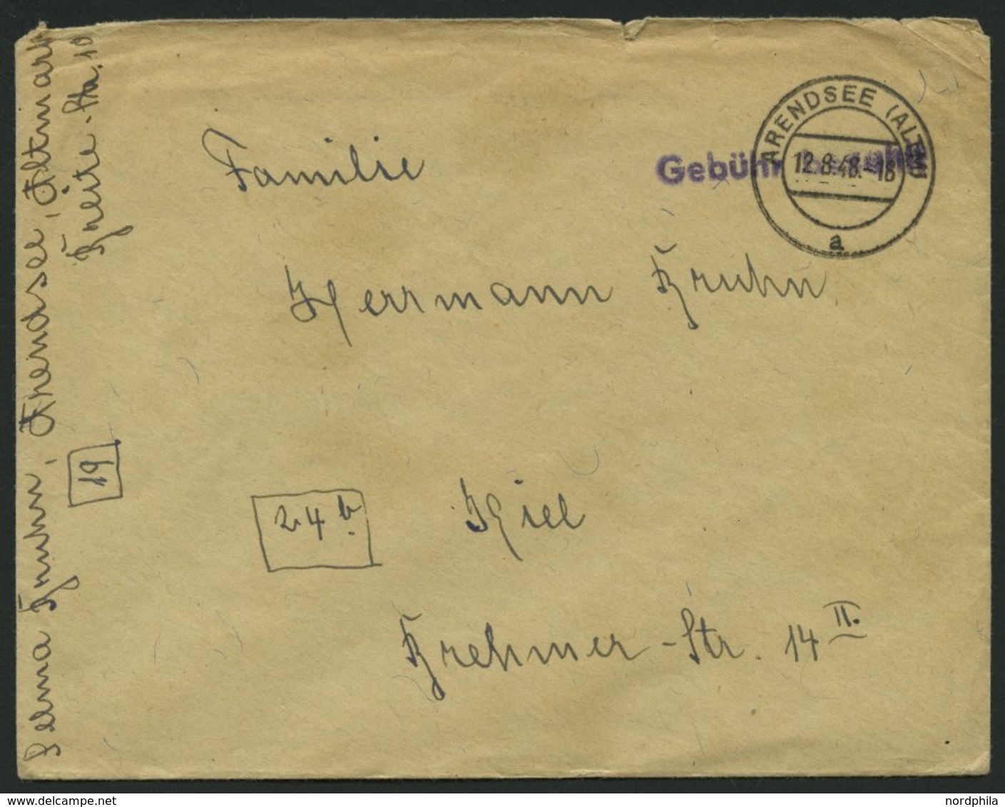 ALL. BES. GEBÜHR BEZAHLT ARENDSEE (ALTM), 12.8.48. Violetter L1 Gebühr Bezahlt, Brief Feinst - Other & Unclassified