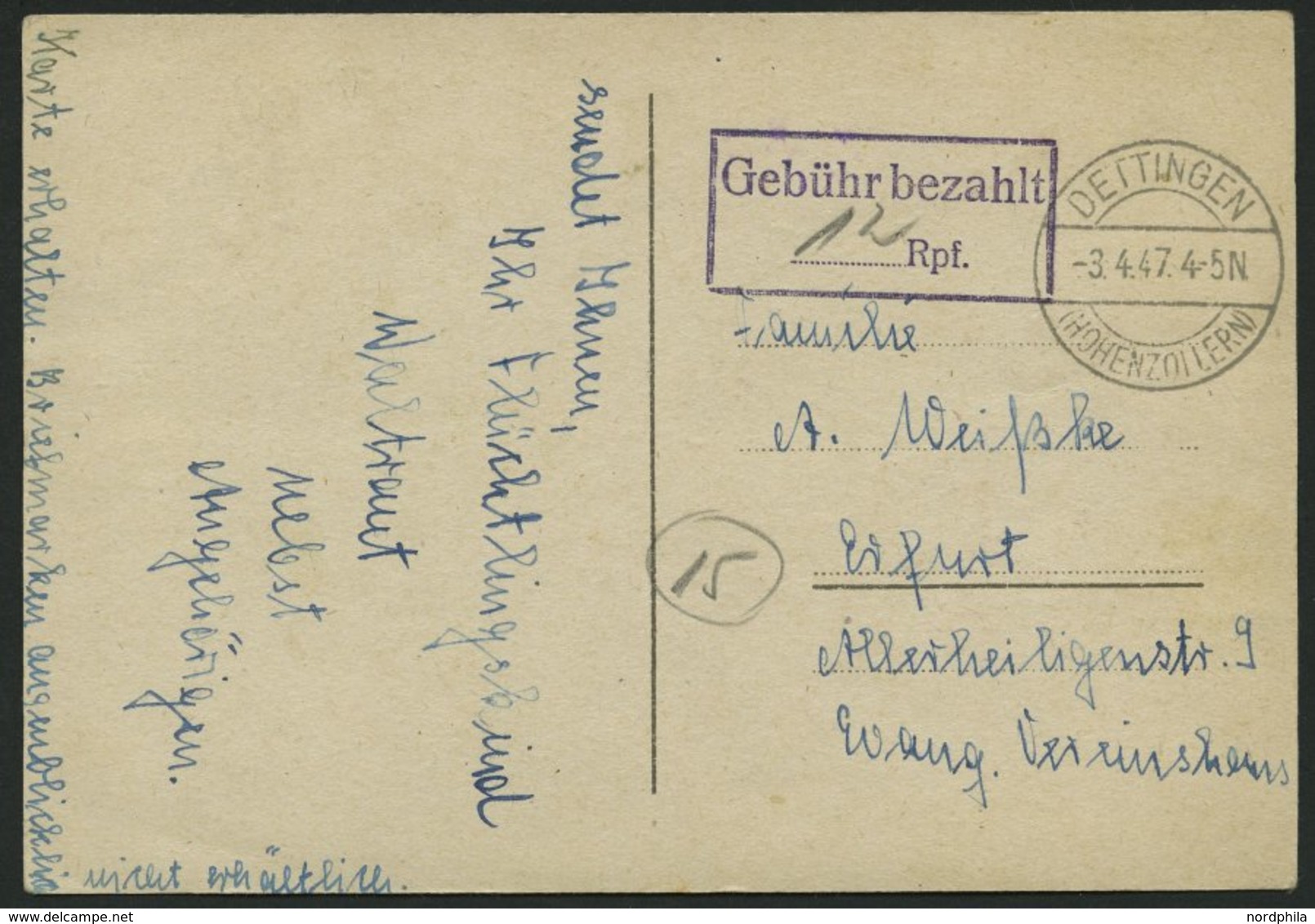 ALL. BES. GEBÜHR BEZAHLT DETTINGEN (HOHENZOLLERN), 3.4.47, Violetter R2 Gebühr Bezahlt/ Rpf, Handschriftlich 12 Eingefüg - Sonstige & Ohne Zuordnung