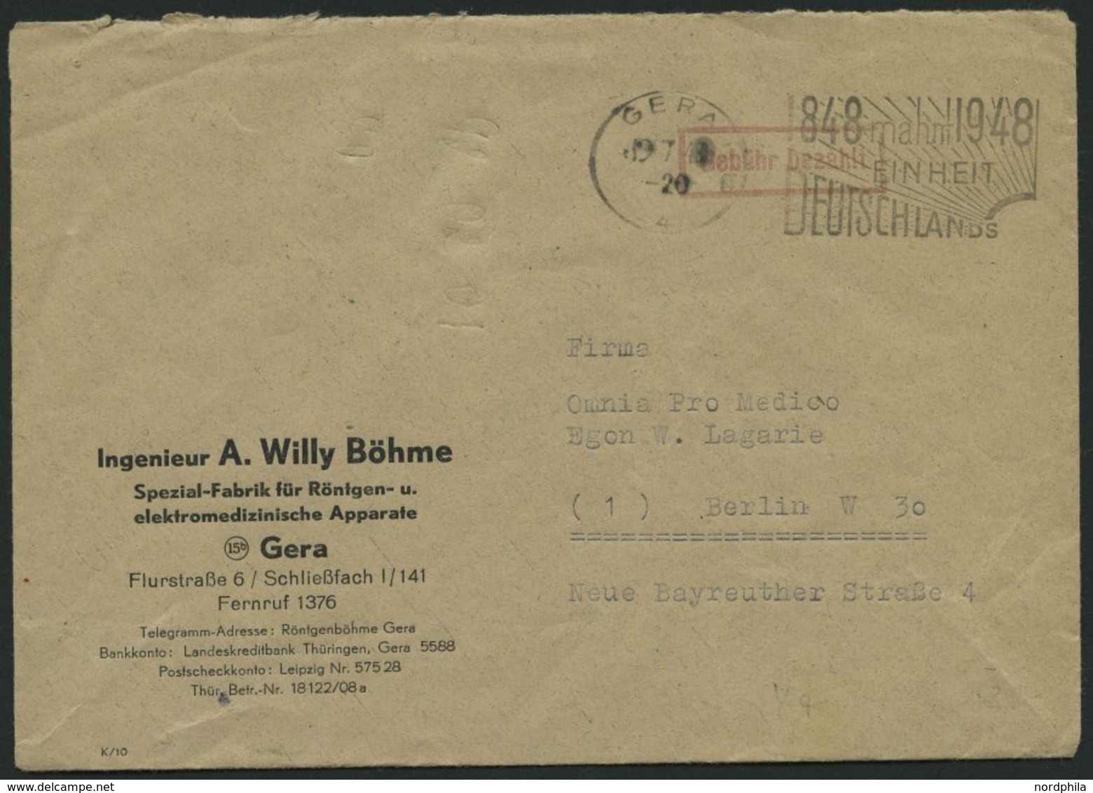 ALL. BES. GEBÜHR BEZAHLT GERA, 19.7.48, Roter R1 Gebühr Bezahlt Und Sonderstempel, Prachtbrief - Otros & Sin Clasificación