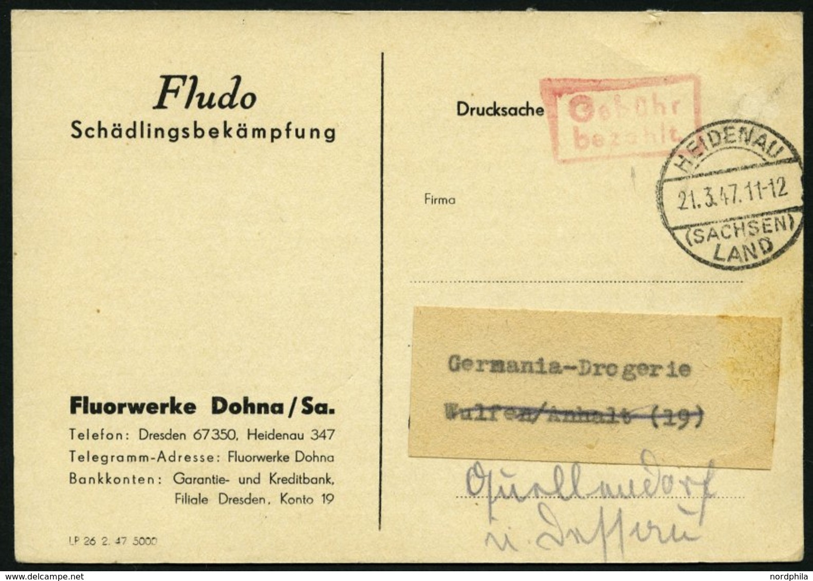 ALL. BES. GEBÜHR BEZAHLT HEIDENAU (SACHSEN) LAND, 21.3.47, Roter R2 Gebühr Bezahlt Auf Werbekarte, Pracht - Otros & Sin Clasificación